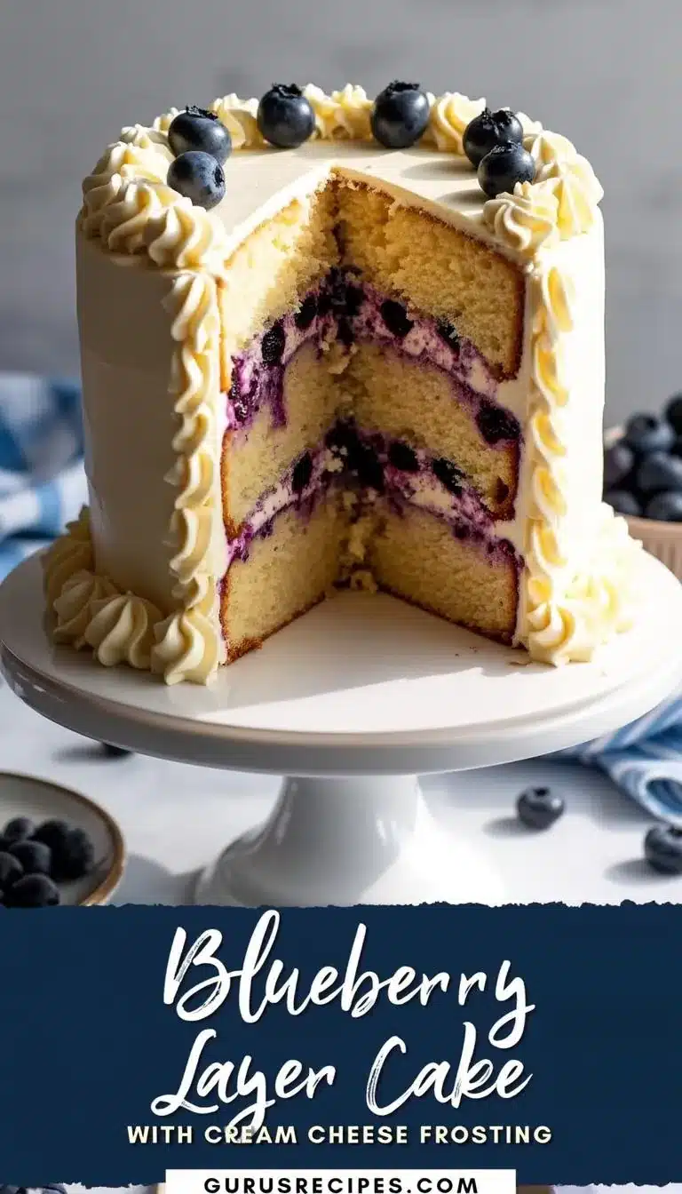 Pinterest pin for blueberry cheesecake layer cake