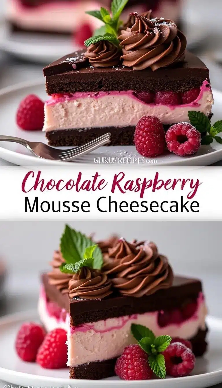 Pinterest pin for chocolate raspberry mousse cheesecake