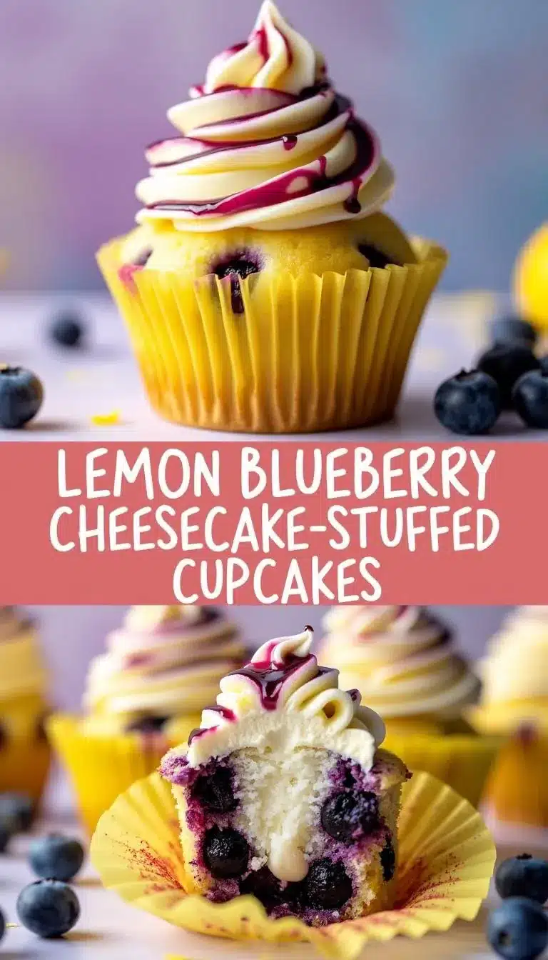 Pinterest pin for lemon blueberry cheesecake-stuffed cupcakes