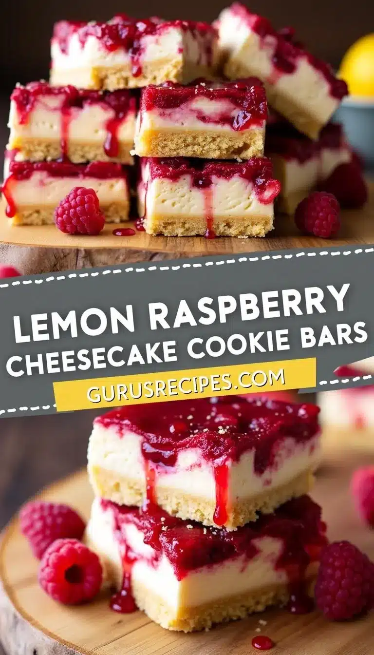 Pinterest pin for lemon raspberry cheesecake cookie bars