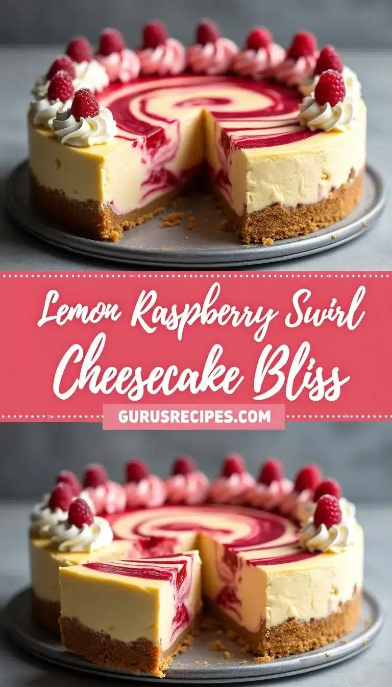 Pinterest pin for lemon raspberry swirl cheesecake