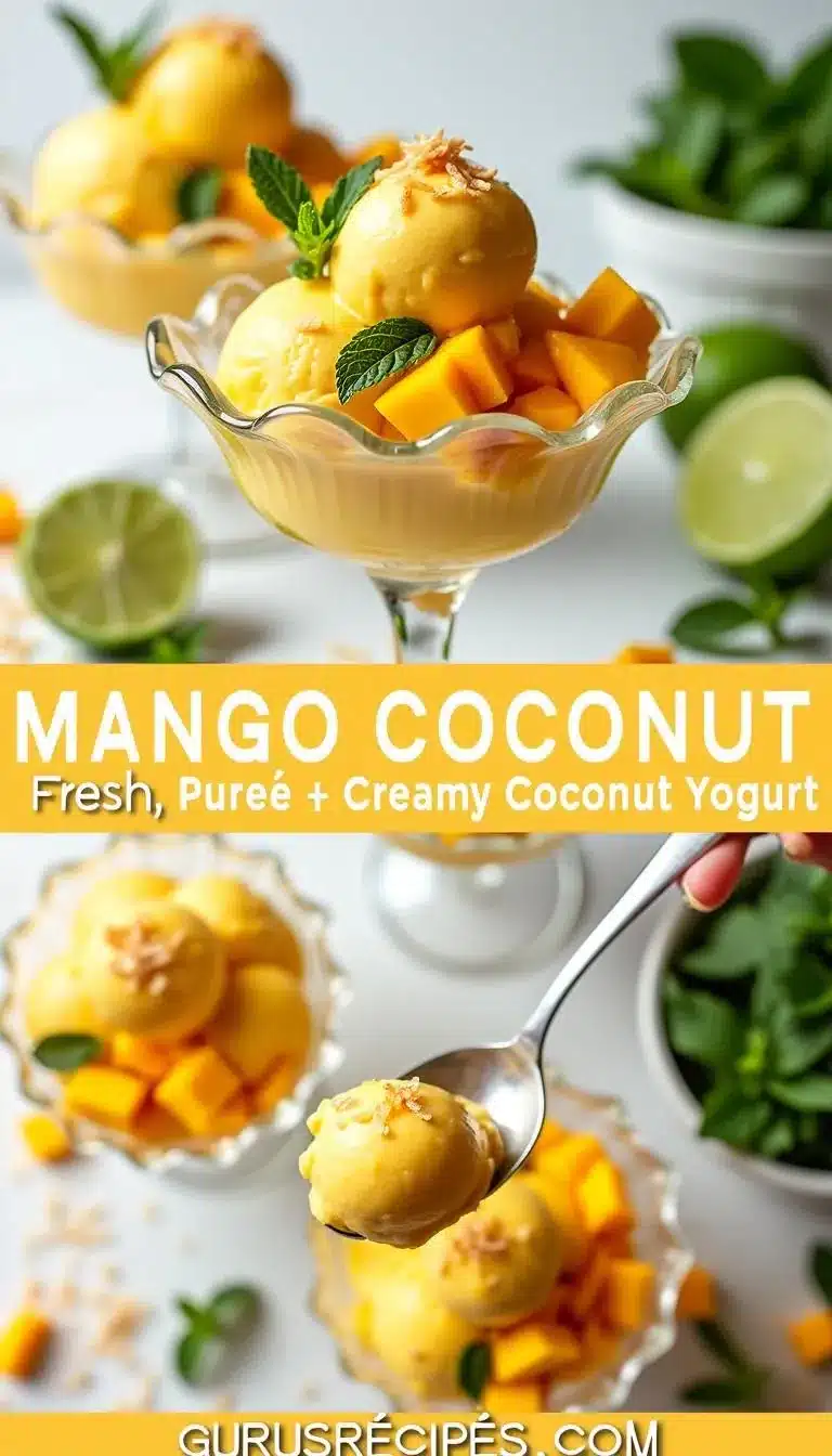 Pinterest pin for mango coconut frozen yogurt