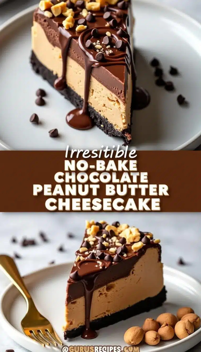 Pinterest pin for no-bake peanut butter chocolate cheesecake