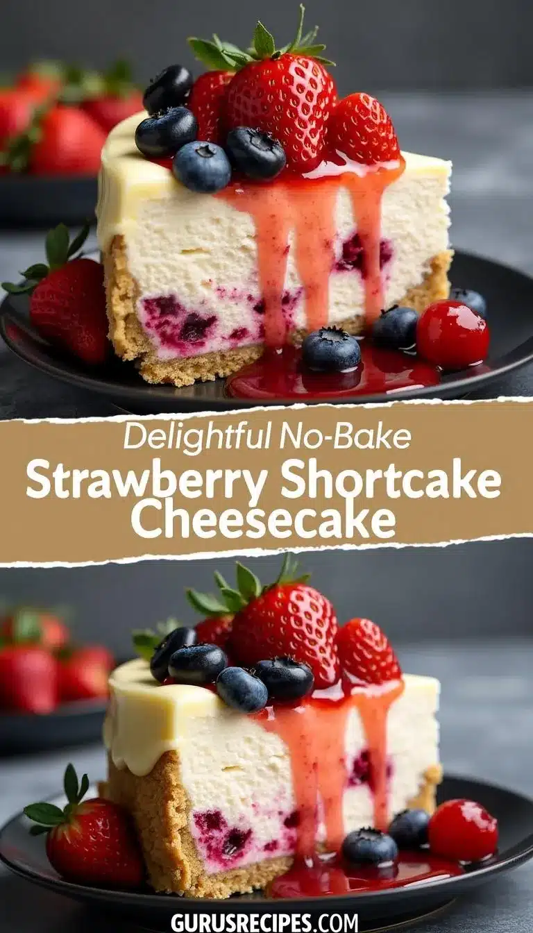 Pinterest pin for no-bake strawberry shortcake cheesecake