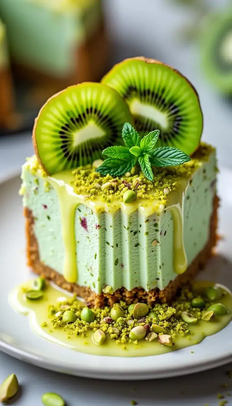 Pinterest pin for pistachio lime cheesecake slice