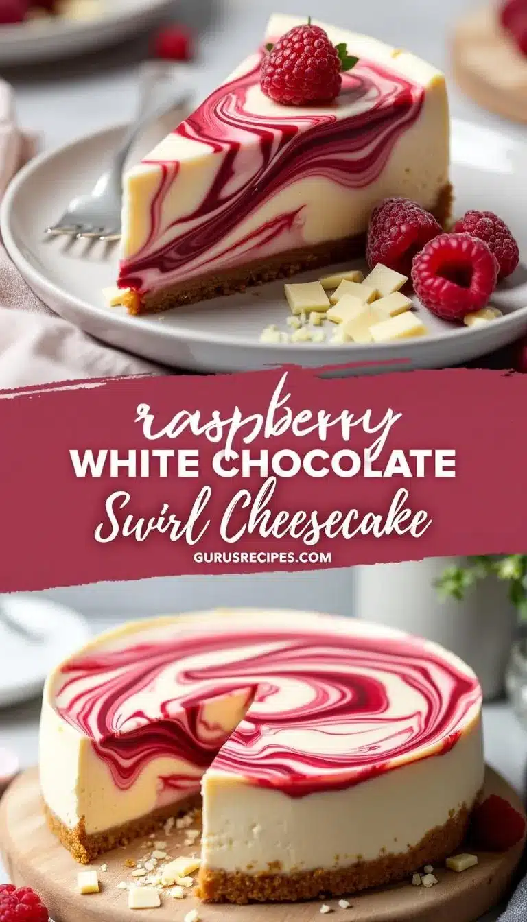 Pinterest pin for raspberry white chocolate swirl cheesecake