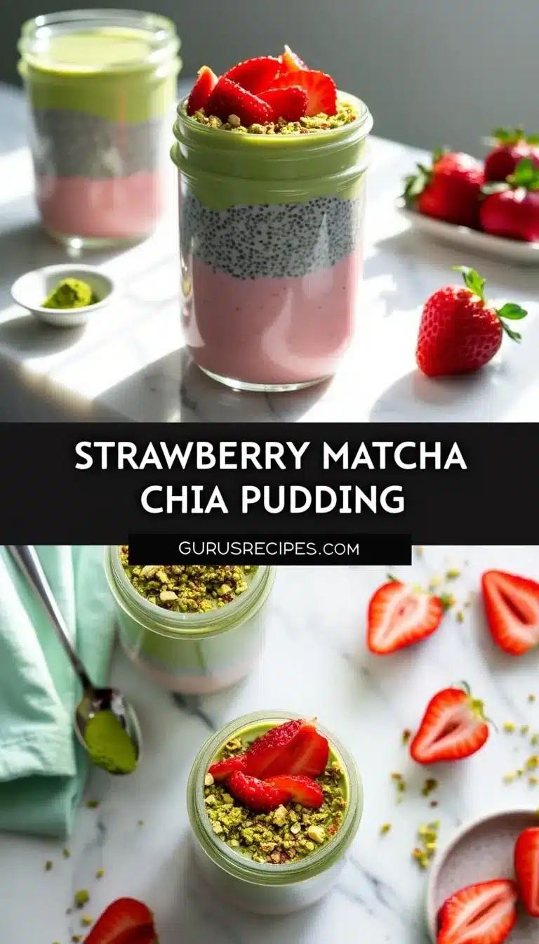 Pinterest pin for vegan strawberry matcha chia pudding