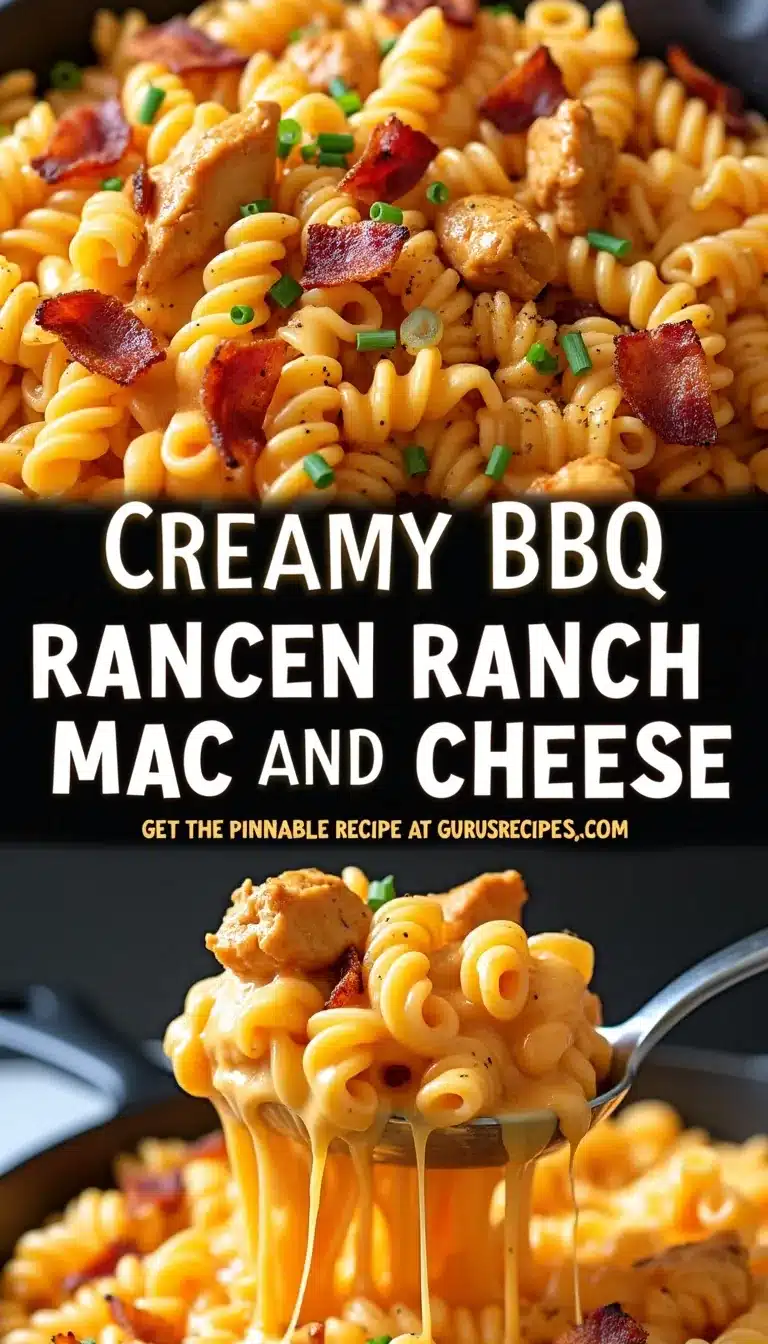 Pinterest pin for BBQ Ranch Chicken Bacon Mac and Cheese