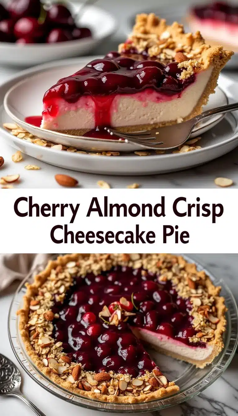 Pinterest pin for Cherry Almond Crisp Cheesecake Pie