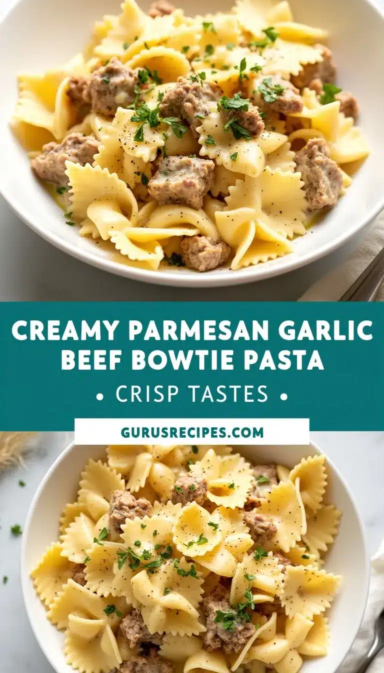 Pinterest pin for Creamy Parmesan Garlic Beef Bowtie Pasta