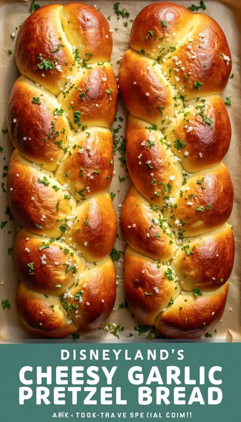 Pinterest pin for Disneyland cheesy garlic pretzel bread