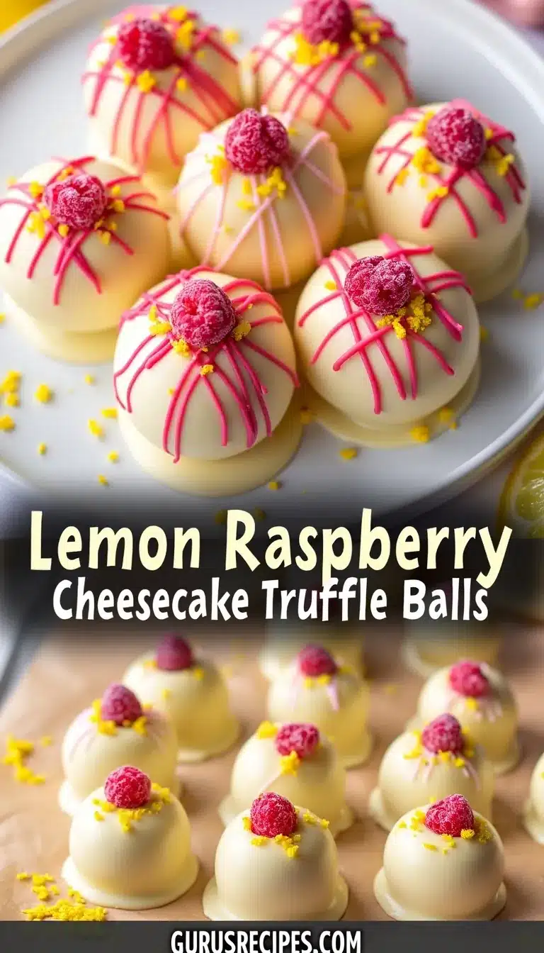 Pinterest pin for Lemon Raspberry Cheesecake Truffle Balls
