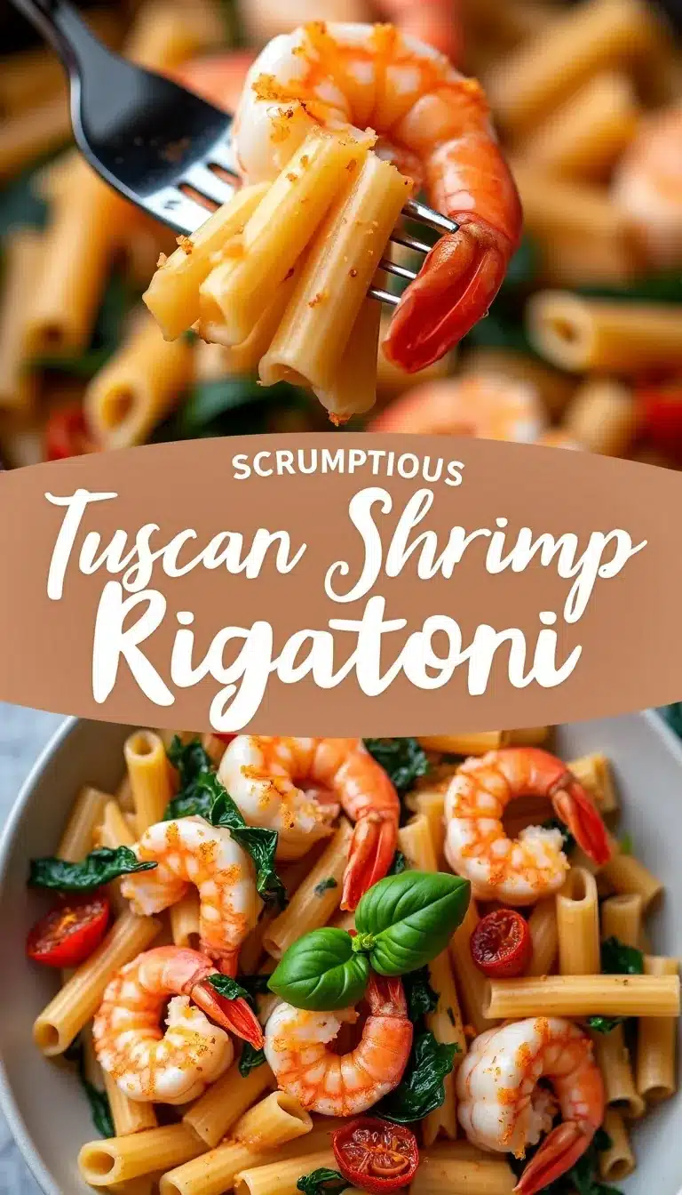 Pinterest pin for Tuscan Shrimp Rigatoni