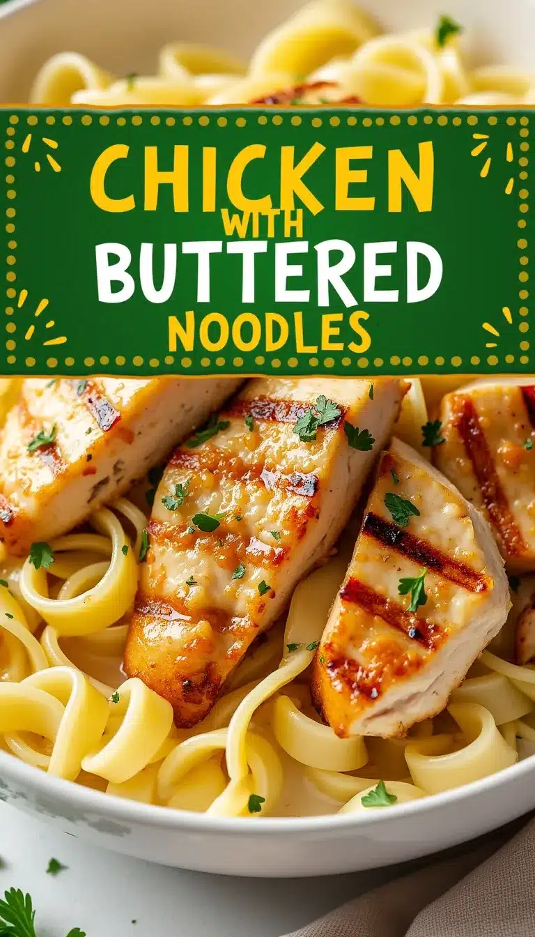 Pinterest pin for chicken with buttered noodles