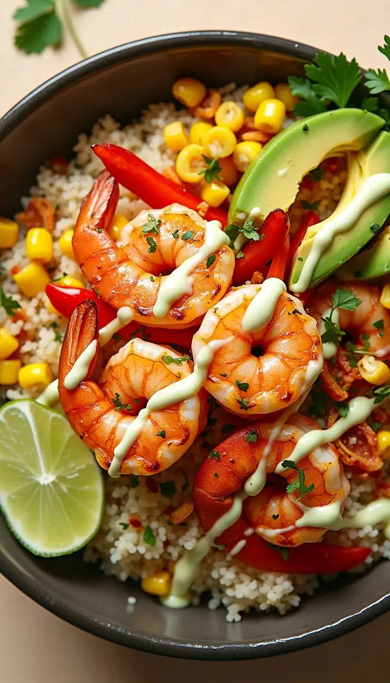 Pinterest pin for chili lime shrimp quinoa bowl