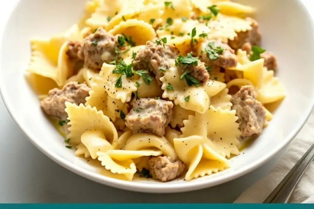 Creamy Parmesan Garlic Beef Bowtie Pasta