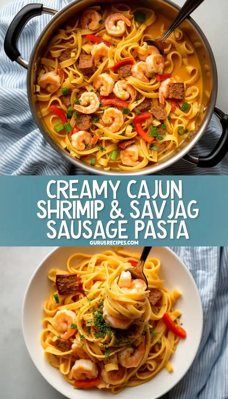 Pinterest pin for creamy Cajun shrimp and sausage pasta