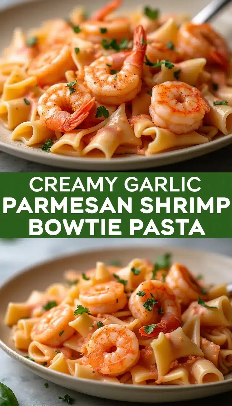 Pinterest pin for creamy garlic Parmesan shrimp bowtie pasta