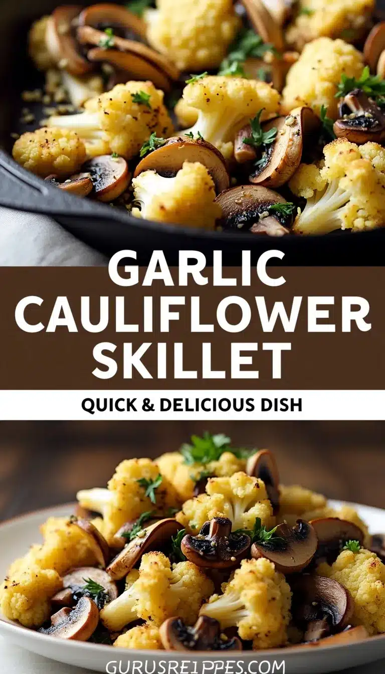 Pinterest pin for garlic cauliflower mushroom skillet