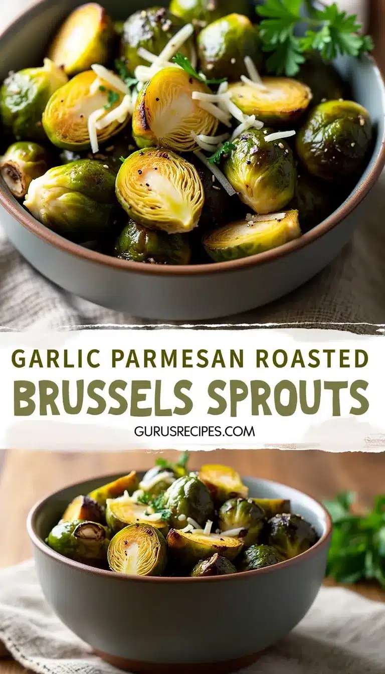 Pinterest pin for garlic parmesan roasted Brussels sprouts
