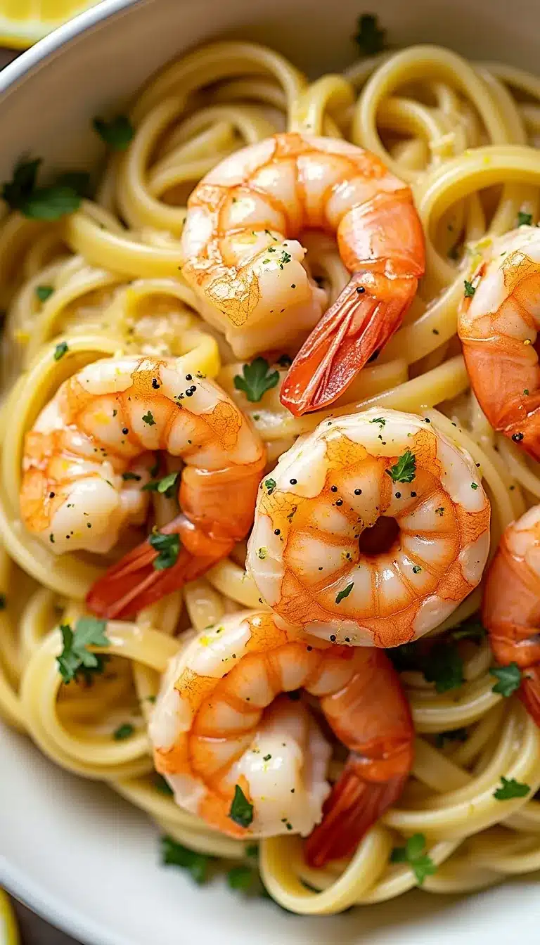 Pinterest pin for garlic shrimp with lemon-butter noodles