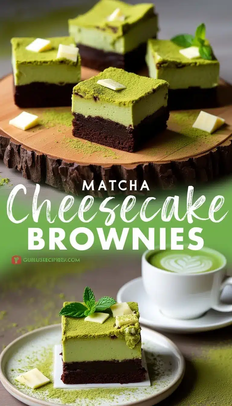 Pinterest pin for matcha cheesecake brownies