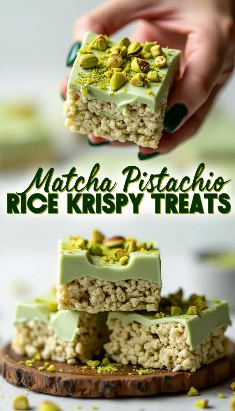 Pinterest pin for matcha pistachio rice krispy treats