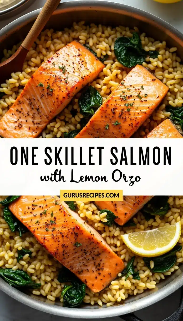 Pinterest pin for one skillet salmon with lemon orzo