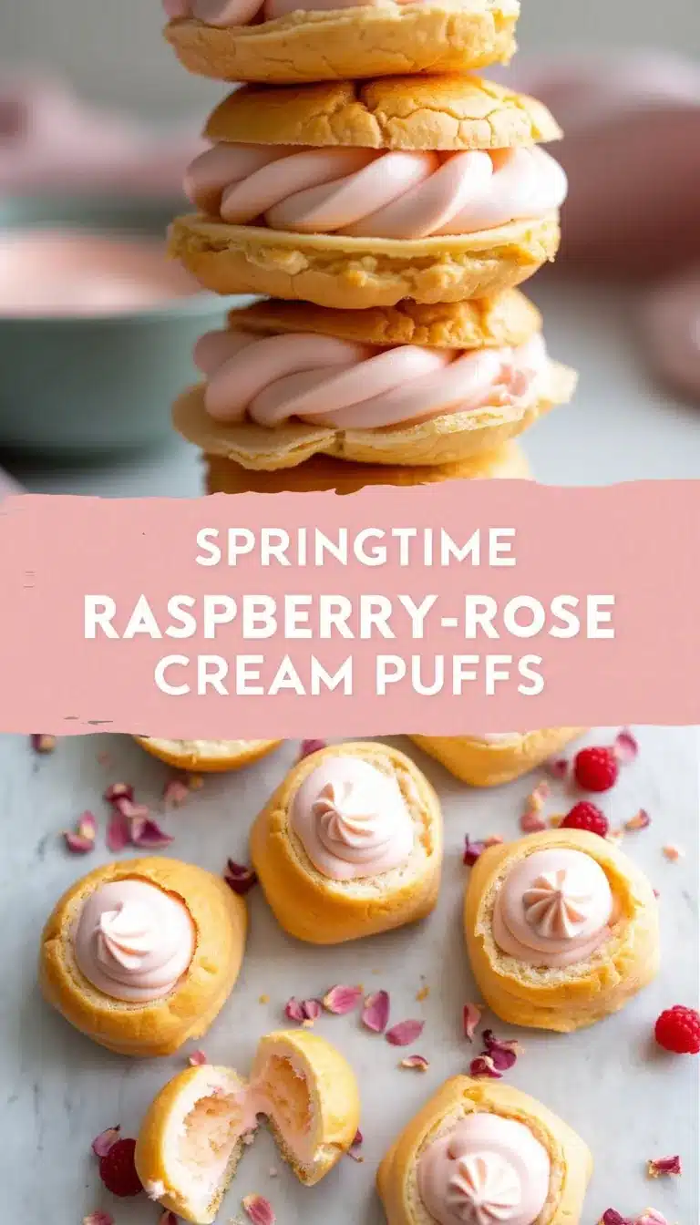 Pinterest pin for raspberry rose cream puffs