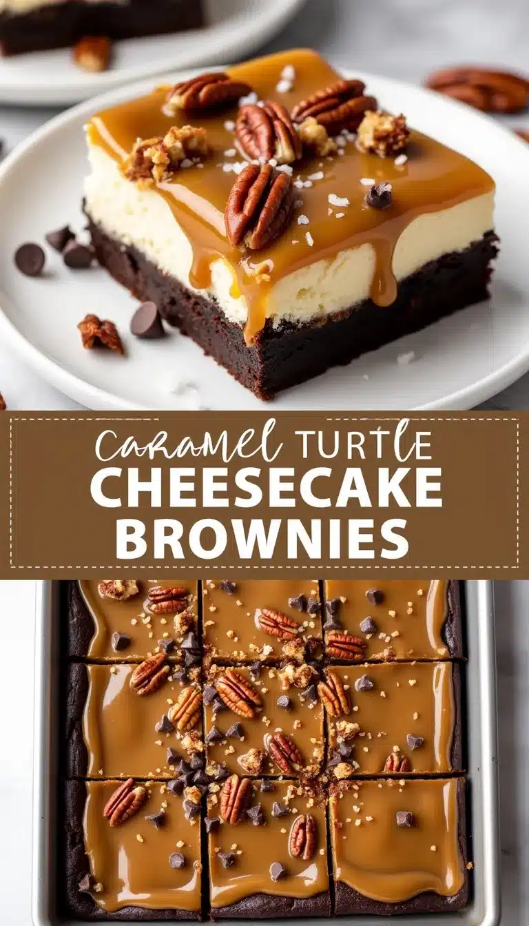 Pinterest pin for salted caramel turtle cheesecake brownies