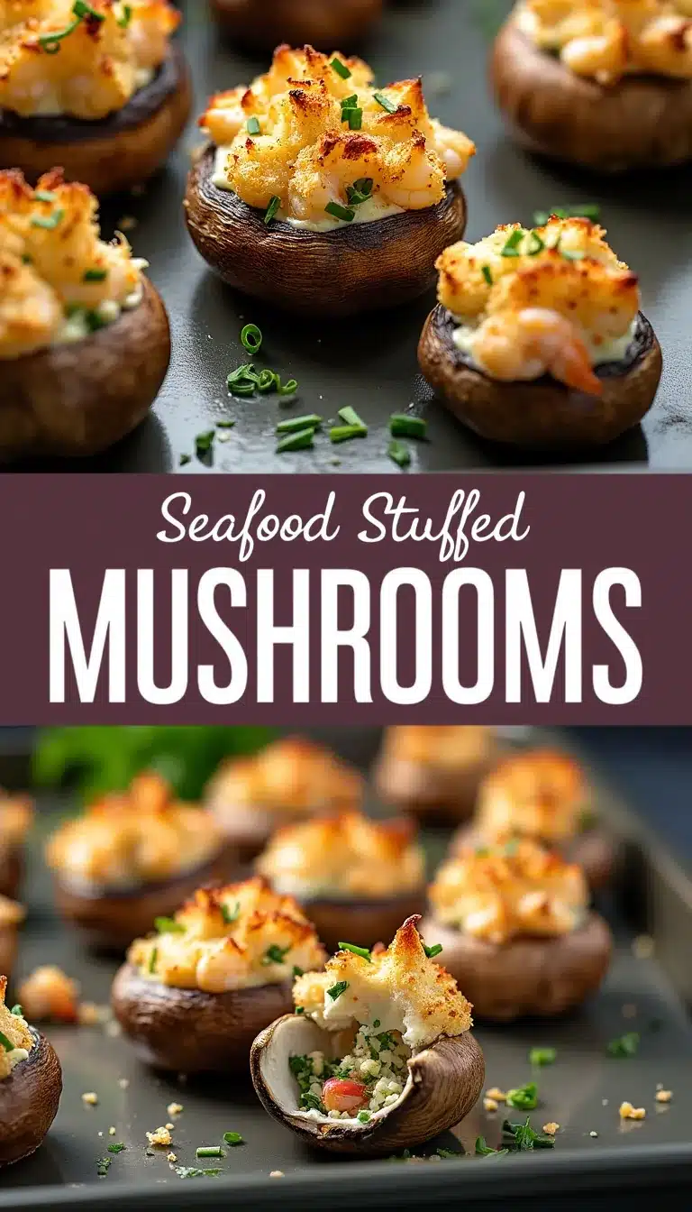 Pinterest pin for seafood stuffed mushrooms