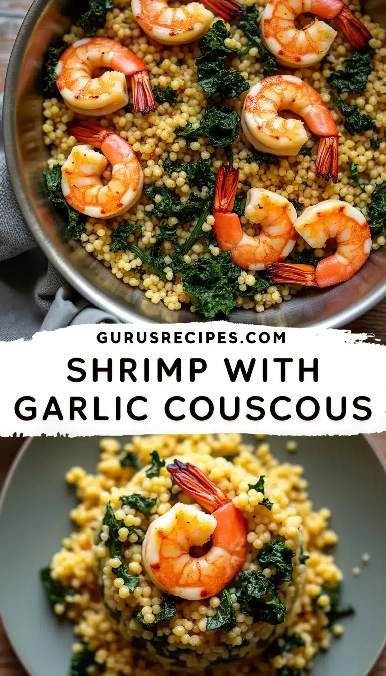 Pinterest pin for shrimp with garlic couscous