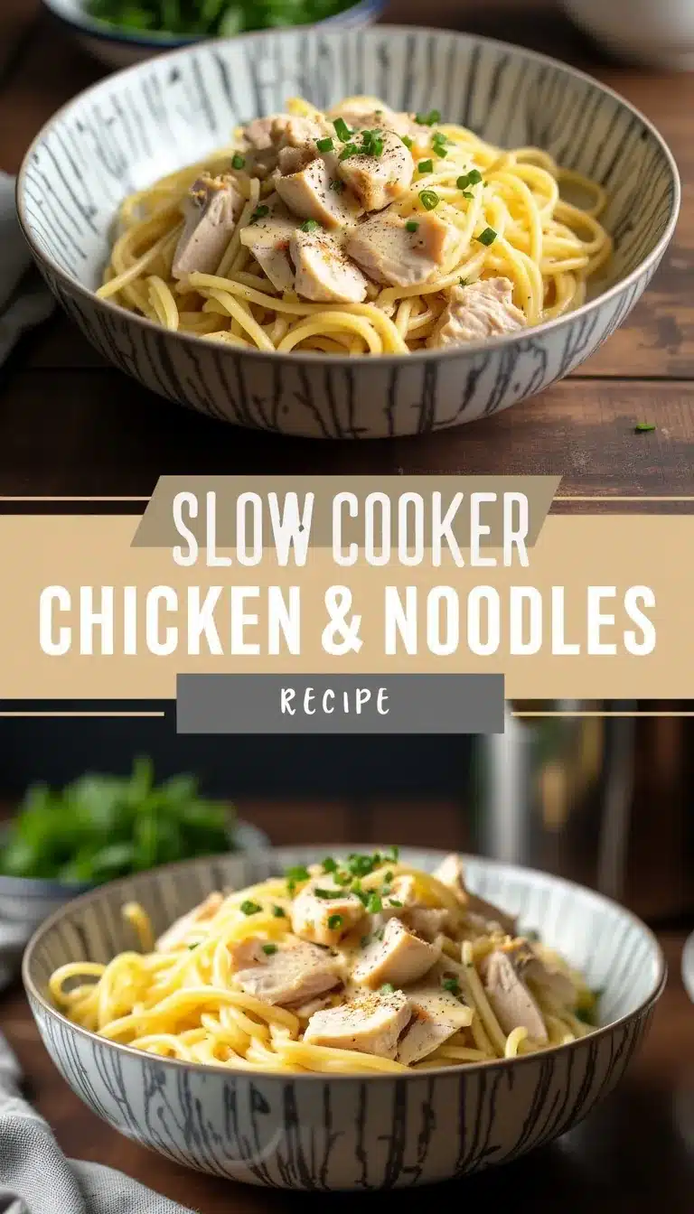 Pinterest pin for slow cooker chicken and noodles