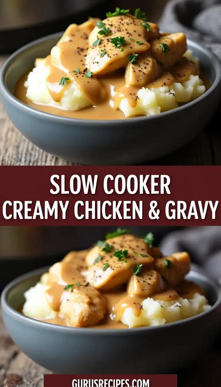 Pinterest pin for slow cooker creamy chicken and gravy
