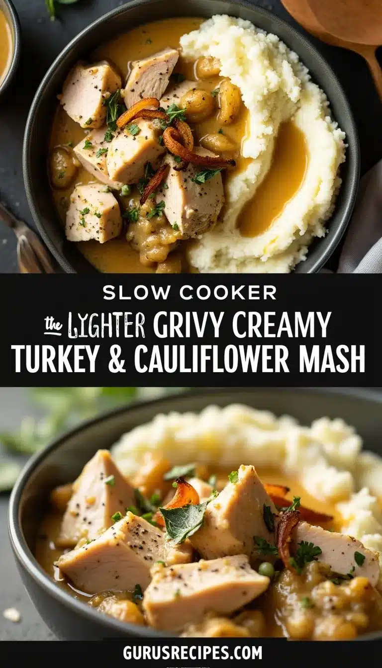 Pinterest pin for slow cooker creamy turkey and cauliflower mash