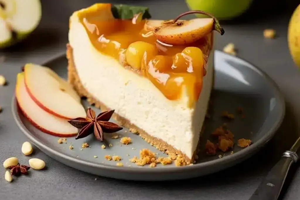 spiced pear and cardamom cheesecake