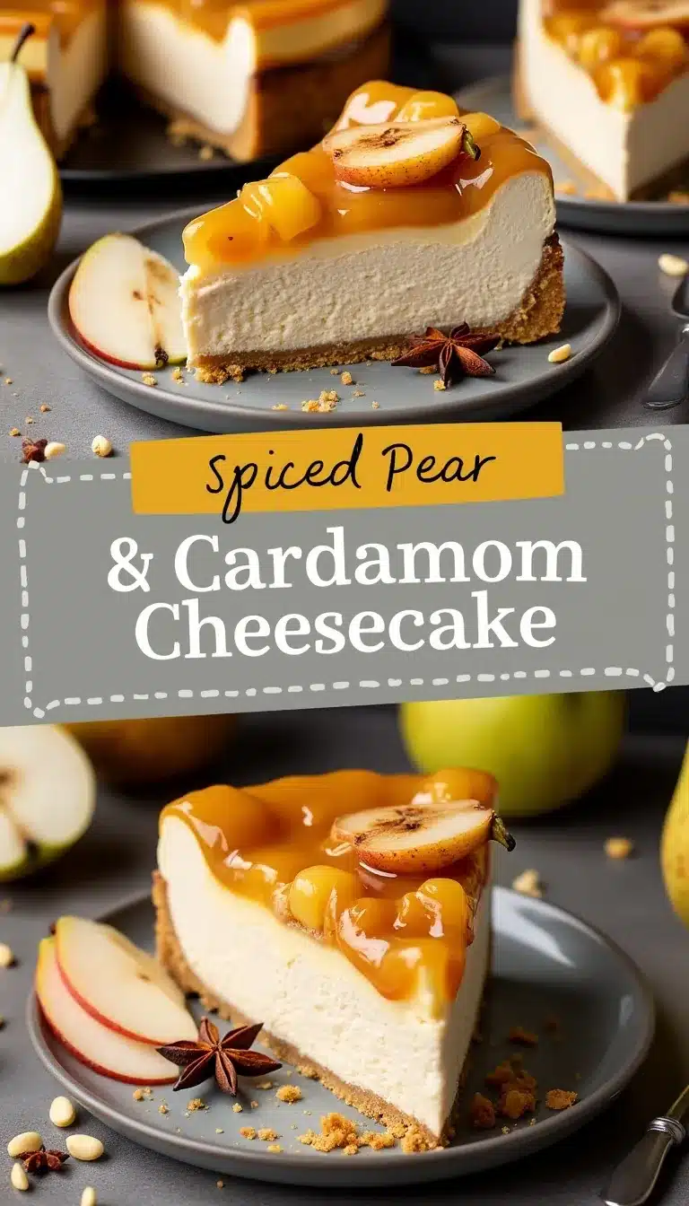 Pinterest pin for spiced pear and cardamom cheesecake