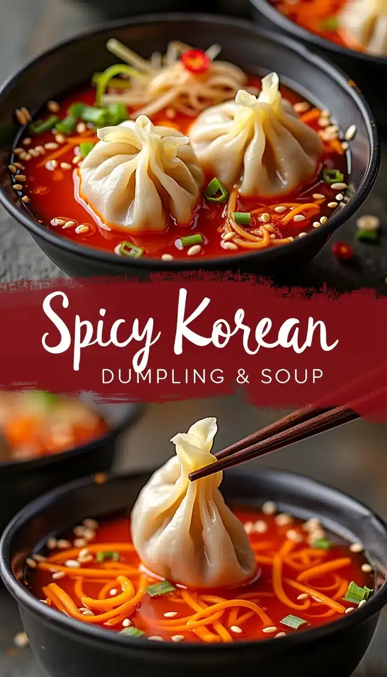 Pinterest pin for spicy Korean kimchi pork dumpling soup