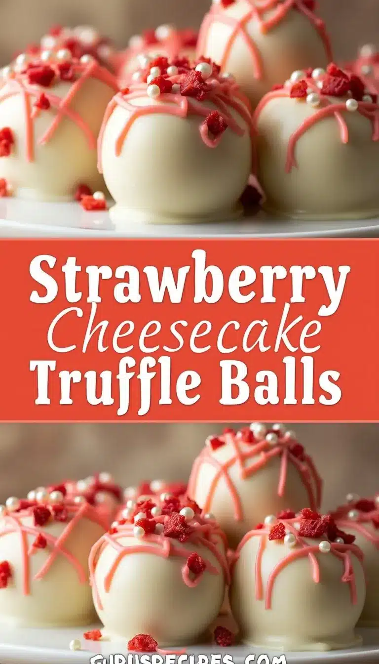 Pinterest pin for strawberry cheesecake truffle balls