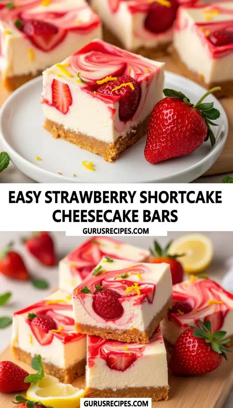 Pinterest pin for strawberry shortcake cheesecake bars