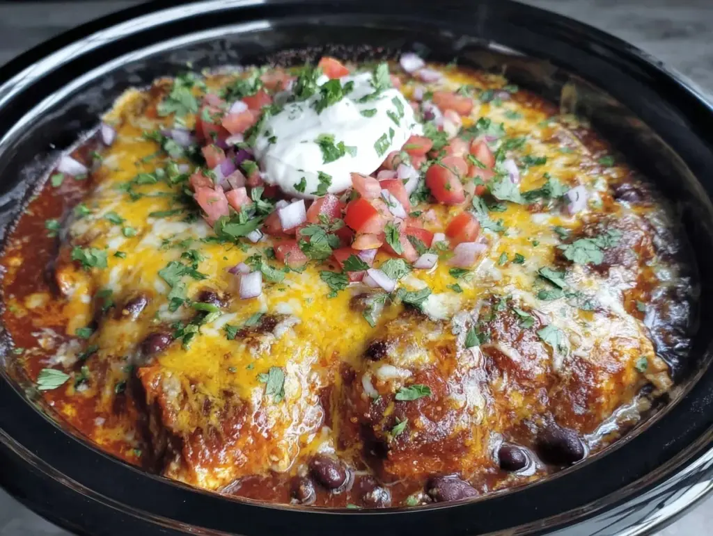 creamy crockpot chicken enchilada casserole - featured image