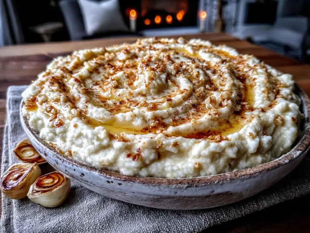 creamy roasted garlic mashed cauliflower - featured image