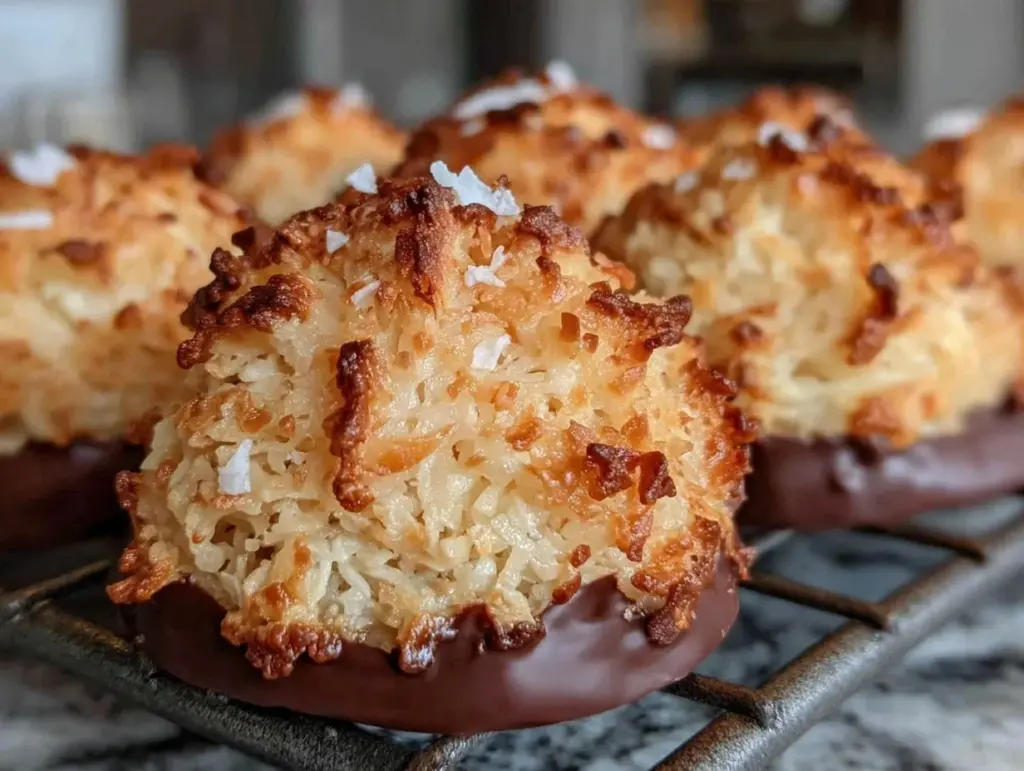 crispy chocolate-dipped coconut macaroons - featured image