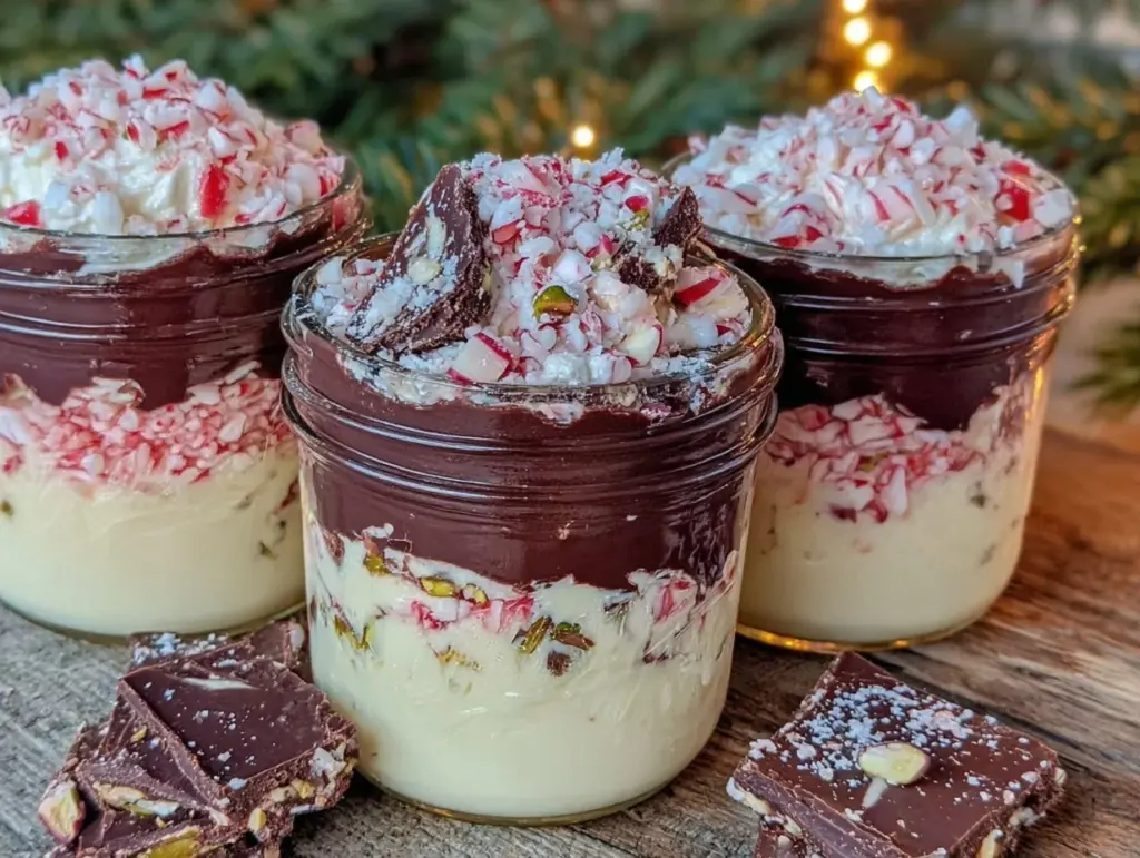 layered holiday bark in jars - featured image