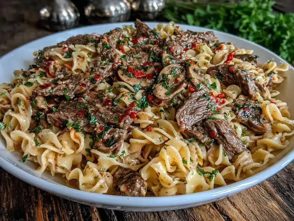 creamy beef stroganoff pasta - featured image