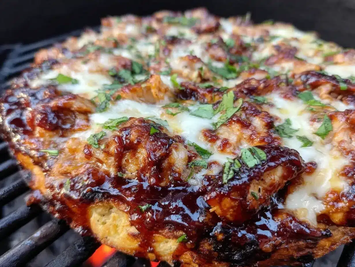 crispy BBQ chicken pizza on the grill preparation steps