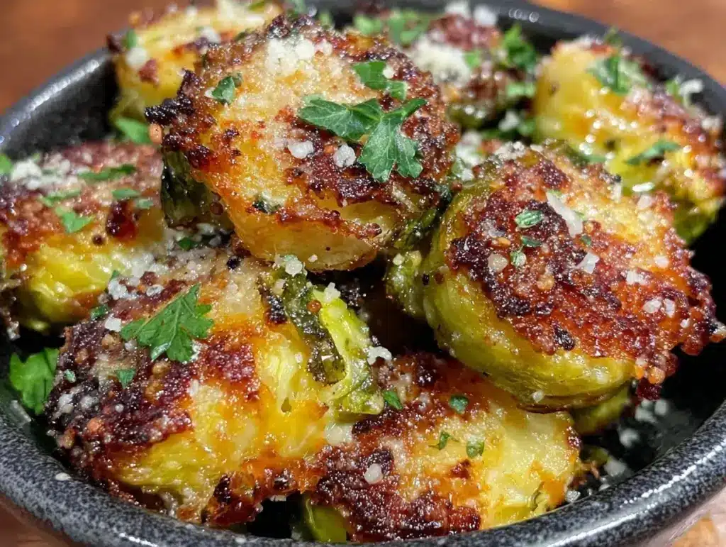 crispy garlic parmesan roasted brussels sprouts - featured image