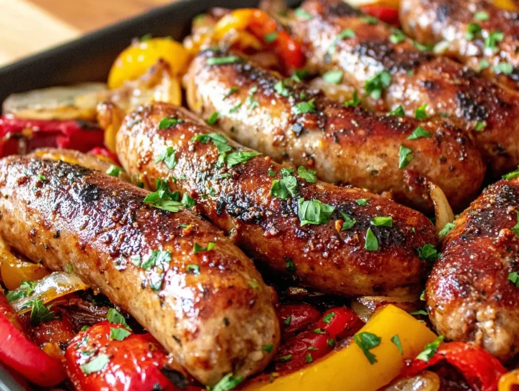 easy crispy sheet pan sausage and peppers recipe - featured image