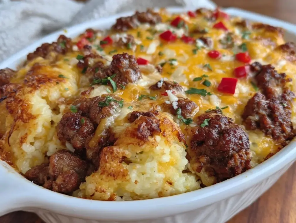 creamy cheesy beef and rice casserole - featured image