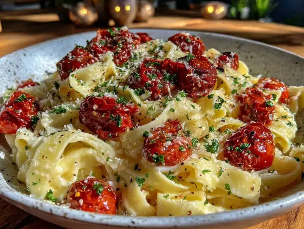 creamy garlic butter fettuccine with roasted tomatoes - featured image
